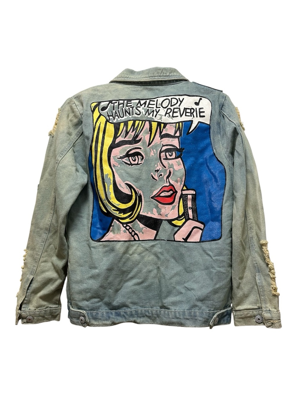 Light Blue Distressed Denim Jean Jacket with Graphic Print - Picture 2 of 4